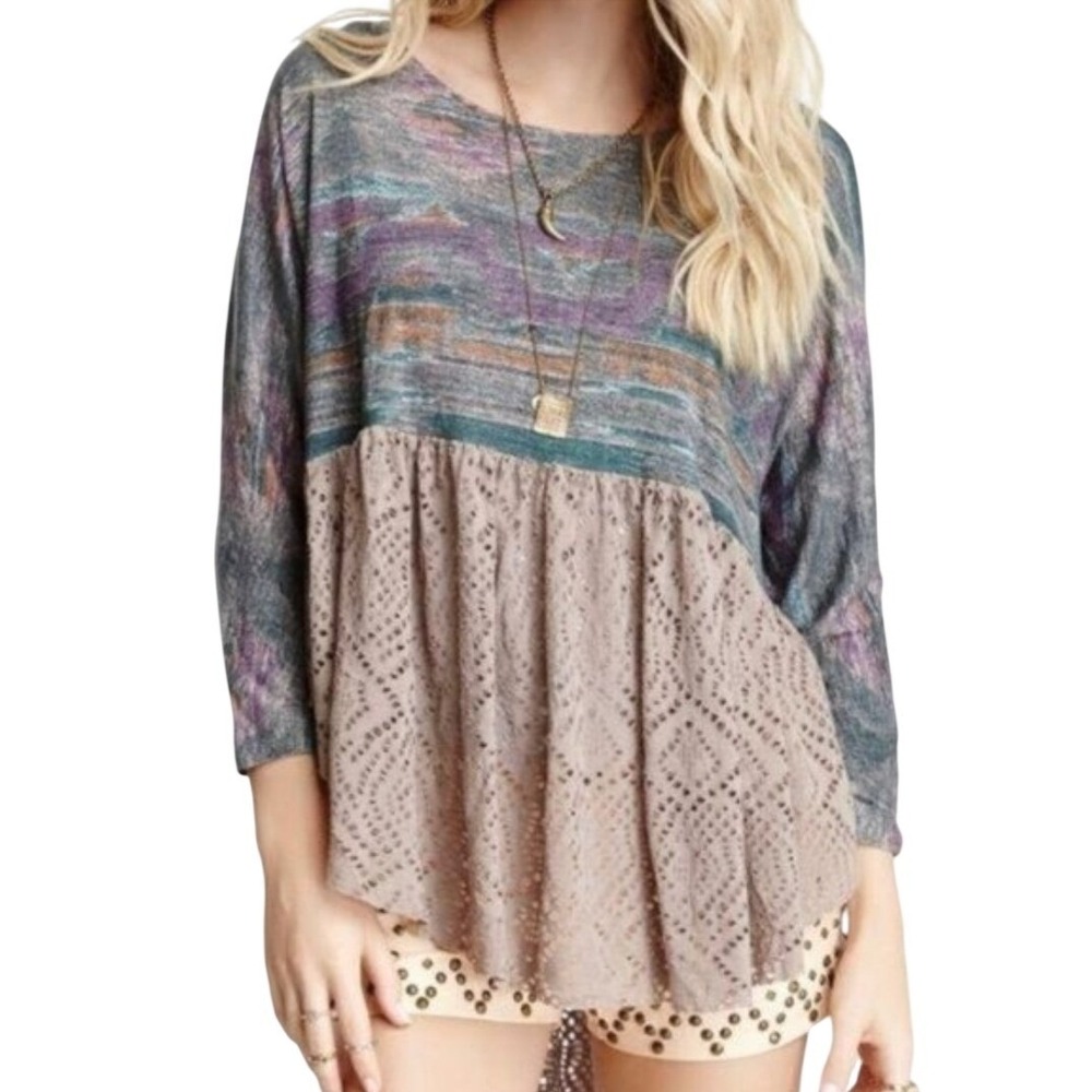 Free People Tunic Top Women Small Teal Purple Eyelet Lace Boho Aztec Southwest‎